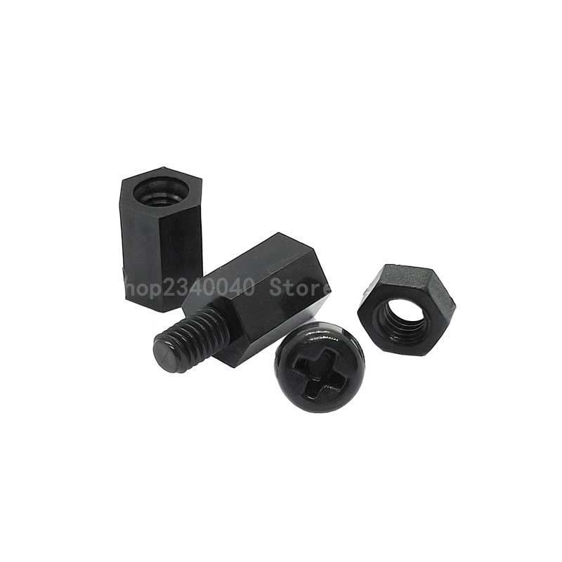 200 stk / sæt sort / hvid hex nylon standoff afstandsstykke søjle fladt hoved nylon plast afstandsskruer møtrikker  m3*5/10/15/20mm+6