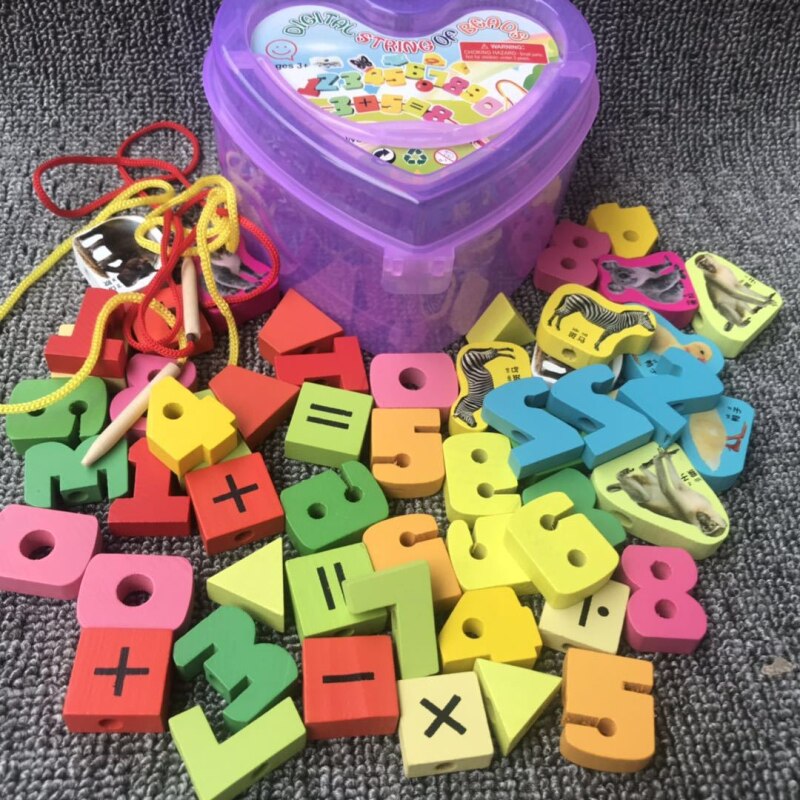 55pcs/lot Baby Wooden Lacing Beads Animals Blocks Heart-shape Stringing Threading Lace Beads Box Educational Preschool Toy