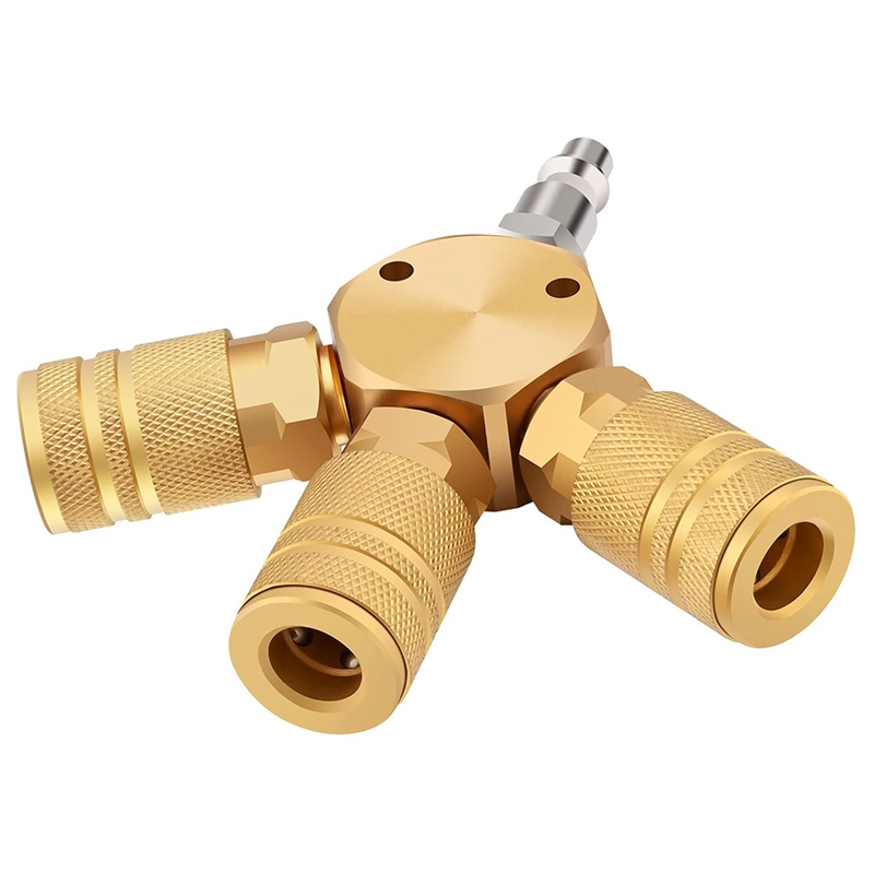 Air Splitter, 3-Way Air Manifold with 3 Pieces Brass Industrial Coupler and 1/4Inch Male NPT Plug, Quick Connect Fitting