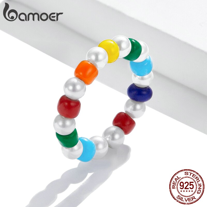 Bamoer shell pearl serie, exquisiter regenbogenring für damen, sommer-allround-hochzeitsschmuck, gxr 731