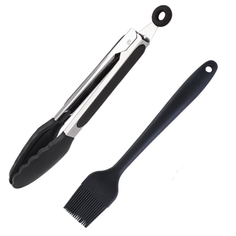 2Pcs/1Pc Zwart Siliconen Bbq Tang + Olie Borstel Keuken Tang Bbq Grill Voedsel Vlees Tang Barbecue tong Olie Saus Borstels Tool Borstel: 2pcs