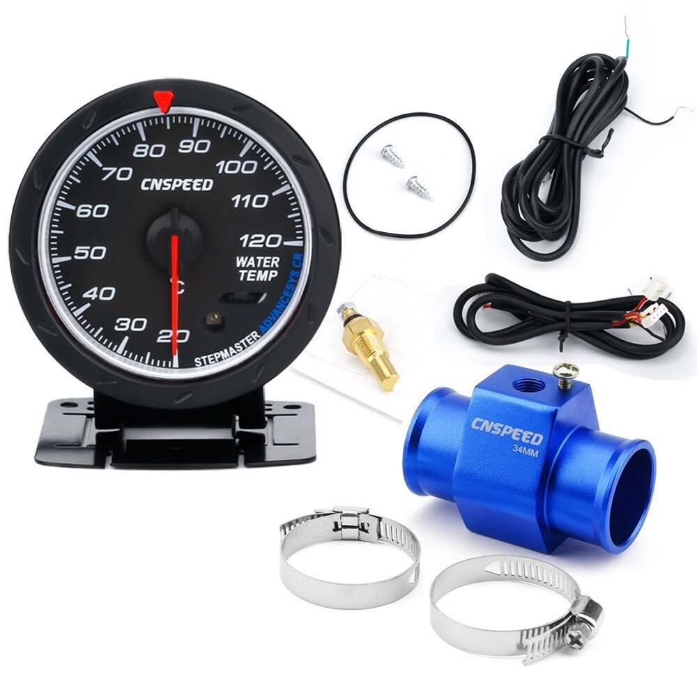 CNSPEED 60MM Temperatuurmeter 20--120 C Water Temp Meter Rood &amp; Wit Verlichting Auto Water met sensor adapter: with 34mm