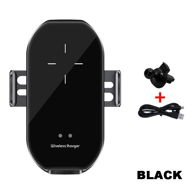 Trådløs biloplader 10w hurtigopladning til iphone 11 pro automatisk montering infrarød sensor oplader induktionstelefonholder i bil: Sort