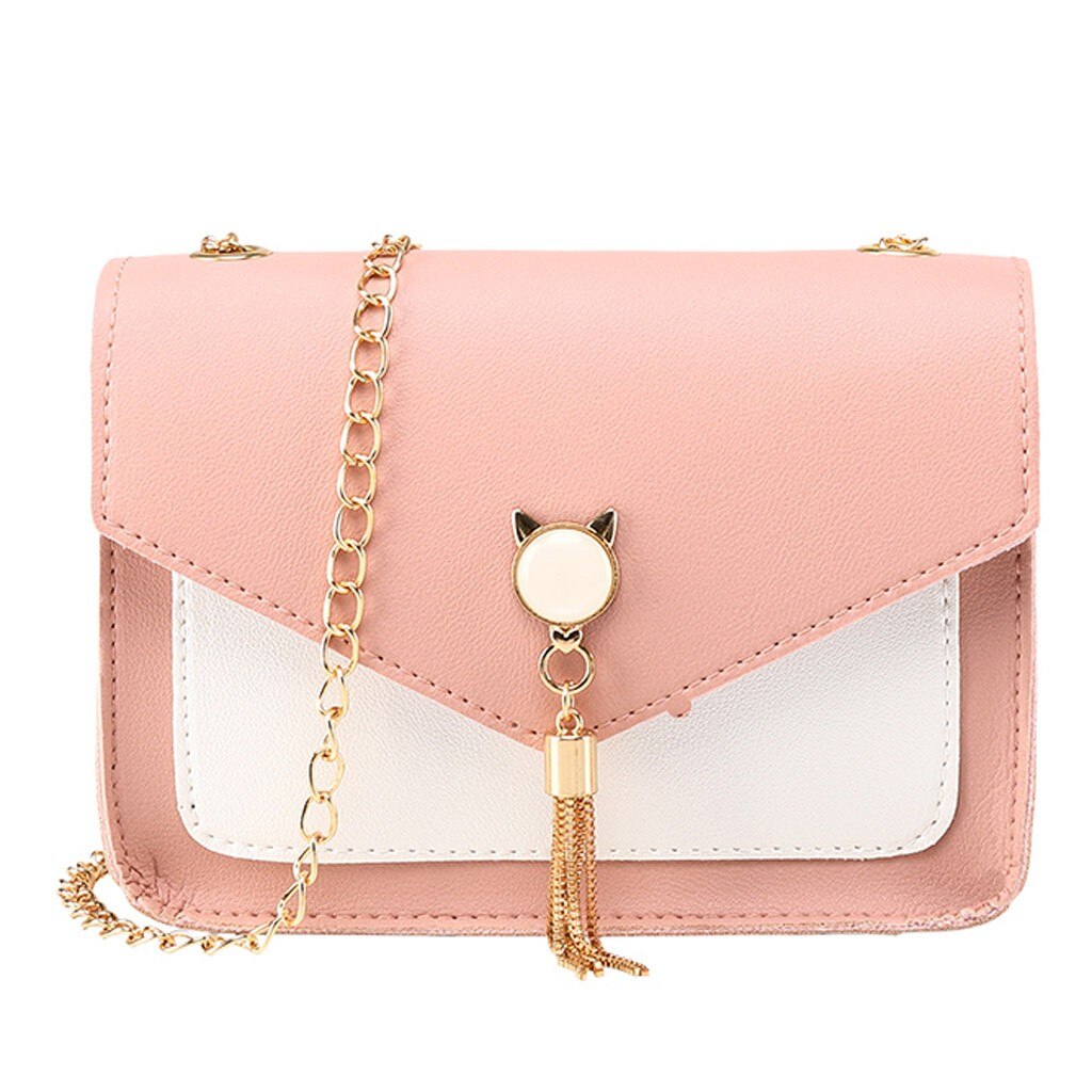 Bolso pequeño cuadrado con flecos para mujer, bandolera de gato para teléfono móvil,: Rosa