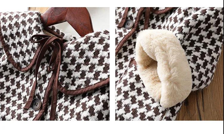 Zimowe nastoletnie dziewczyny plus puch ciepła moda wełniana dziewczynka długie kurtki ubrania dla dzieci dzieci boże narodzenie anglia kurtki w kratę