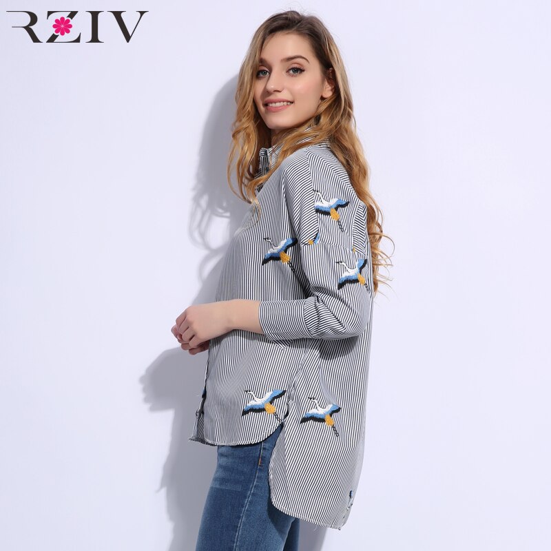 RZIV Lente vrouwen shirt blouse casual gestreepte shirt losse geborduurd overhemd top