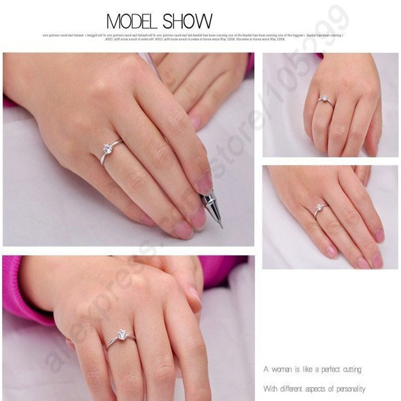 Elegante klassische echte 925 Sterling Silber Fingerringe Schmuck Kristall Kubische Zirkone 6 Krallen Frauen Hochzeit Anillos