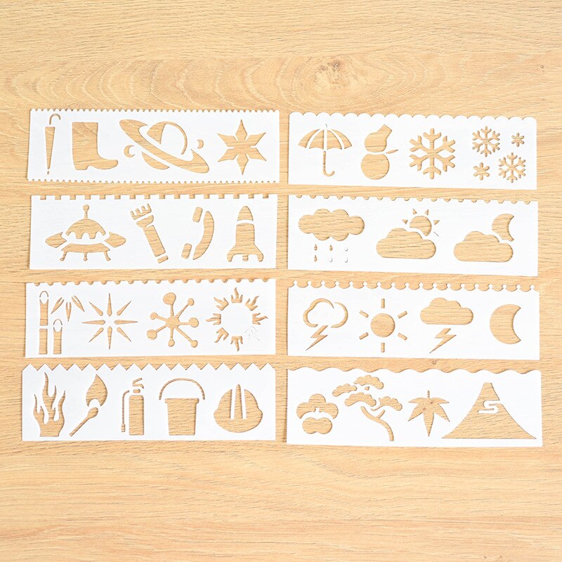Pochoirs en dentelle à colorier de dessin animé, modèle de dessin animé, de nouvel an pour enfants, feuilles d'animaux et véhicules, alphabet, flocons de neige, 8 pièces/ensemble: Weather