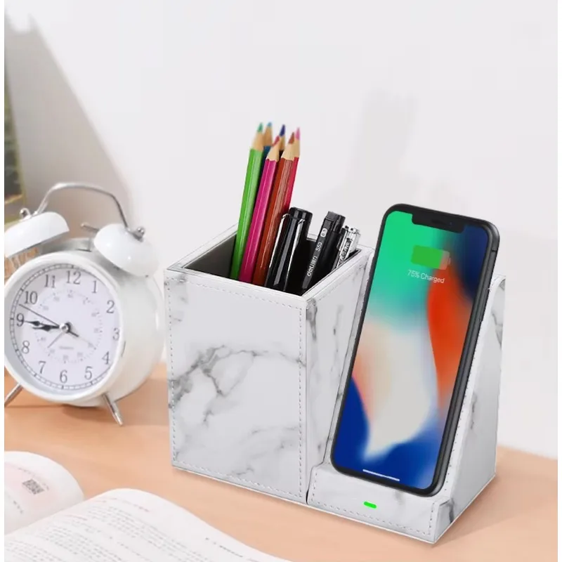 Leren pennenhouder voor op het bureau, draadloze oplaadstandaard voor je telefoon