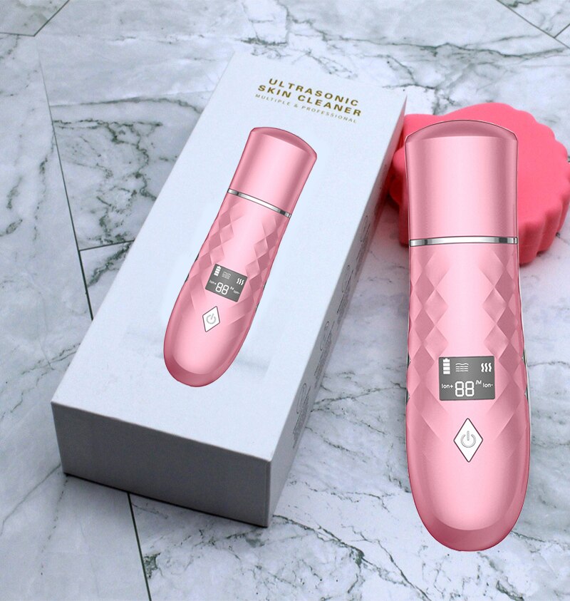 Limpiador ultrasónico para piel, herramienta de limpieza profunda, espátula exfoliante, limpiador de poros faciales, eliminador de espinillas, masaje EMS Estiramiento Facial: Pink With Box