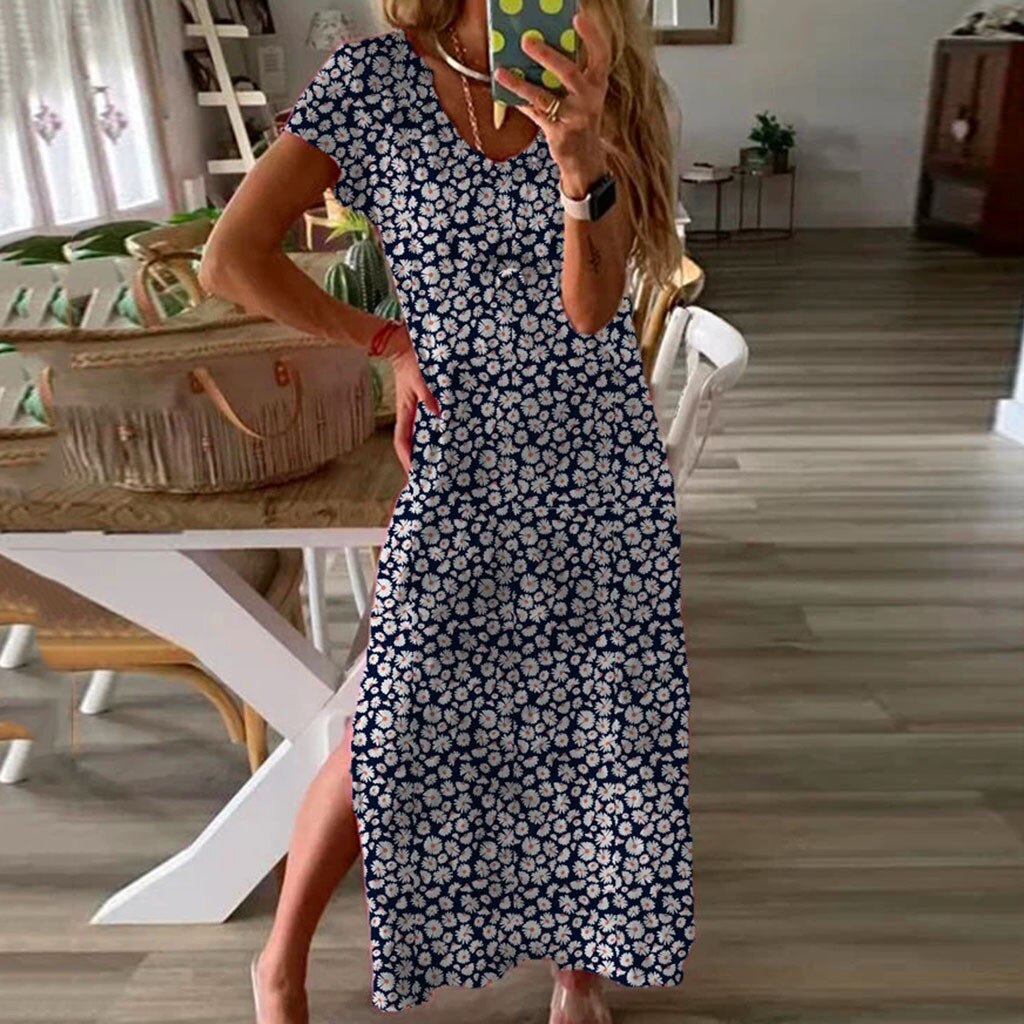 Vrouwen Korte Mouw Losse Split Maxi Jurk Print Dagelijks Vintage Bohemian Casual Losse Maxi Jurk Vestidos Tennis Jurk: L