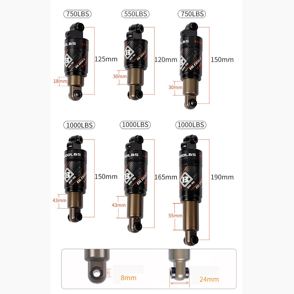 Amortiguador trasero para bicicleta de montaña, accesorios de amortiguación de 120mm, 125mm, 150mm, 165mm y 190mm