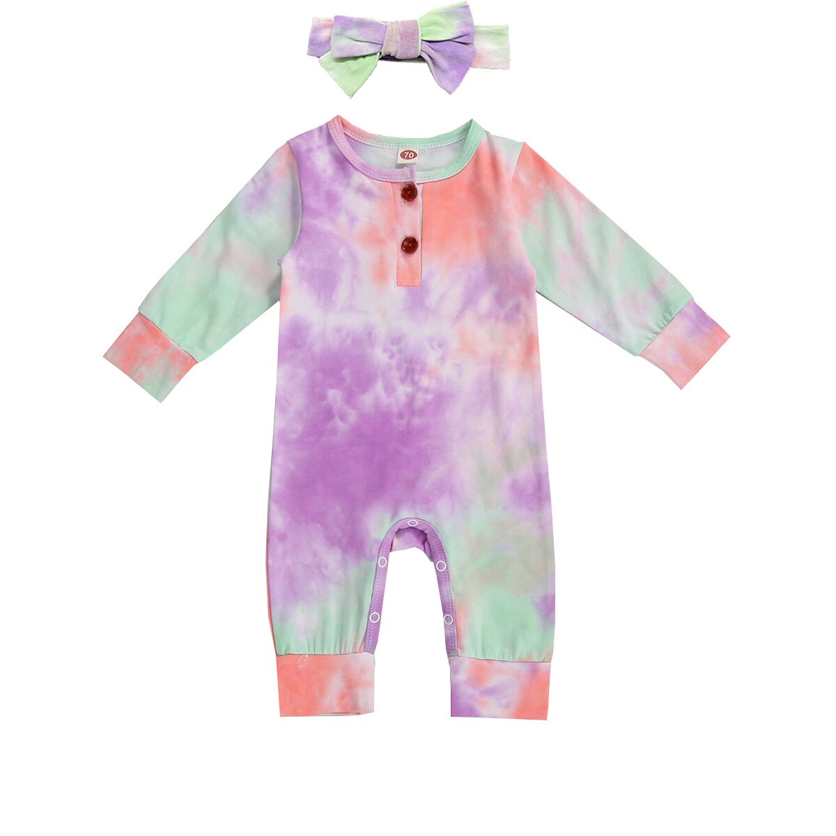 FOCUSNORM 0-18M Del bambino Delle Ragazze Dei Ragazzi cravatta-tintura corpo E Pagliaccetti A Maniche Lunghe Pulsante di Stampa Autunno Tute E Tute Da Palestra fascia 2pz: A / 6m