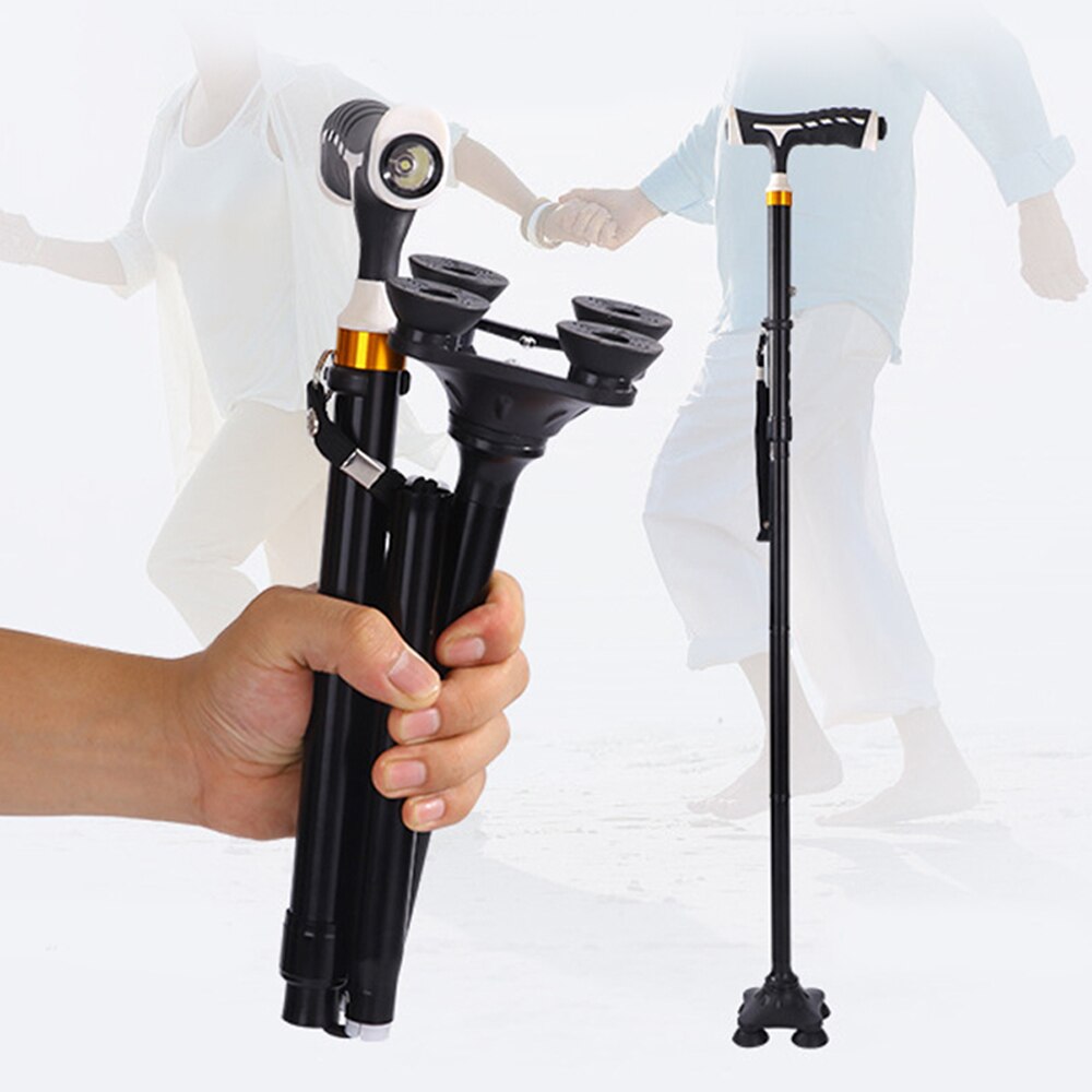 LED Light Four-legged Walking Stick Telescopic Baton Hiking Trekking Poles Metal Folding Cane Elderly People Crutches Pole