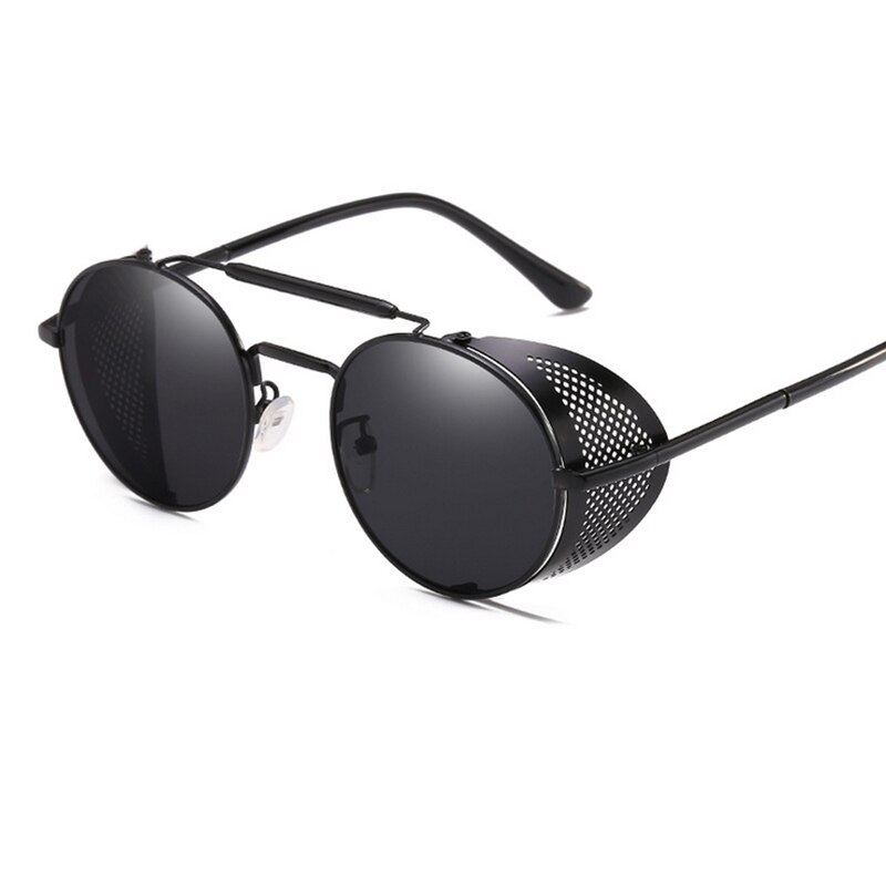 Retro Round Steampunk Sunglasses Men Women Side Shield Goggles Metal Frame Gothic Mirror Lens Sun Glasses: BLACK BLACK