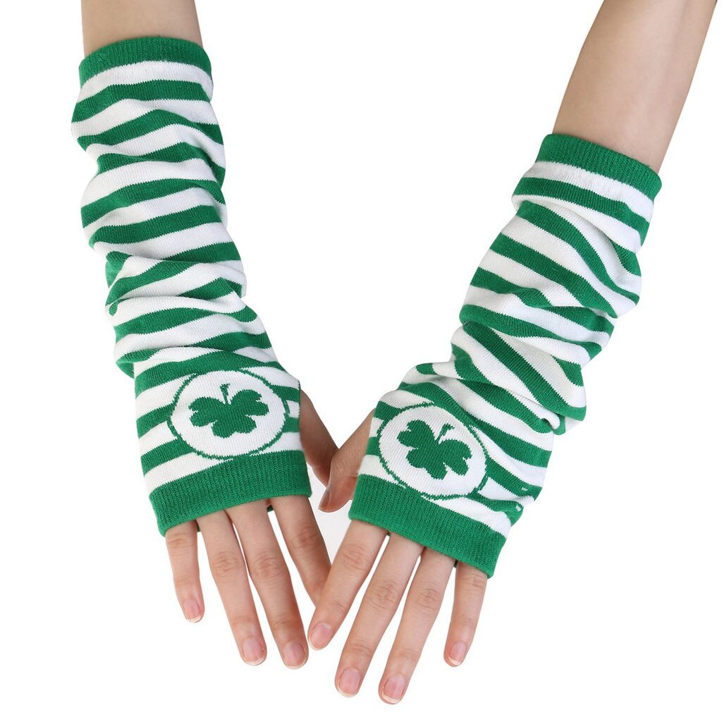 Gants tendance irlandais st. patrick trèfle vert à rayures blanches gants de fête filles gants chauds tricotés jeu de rôle de fête: Vert