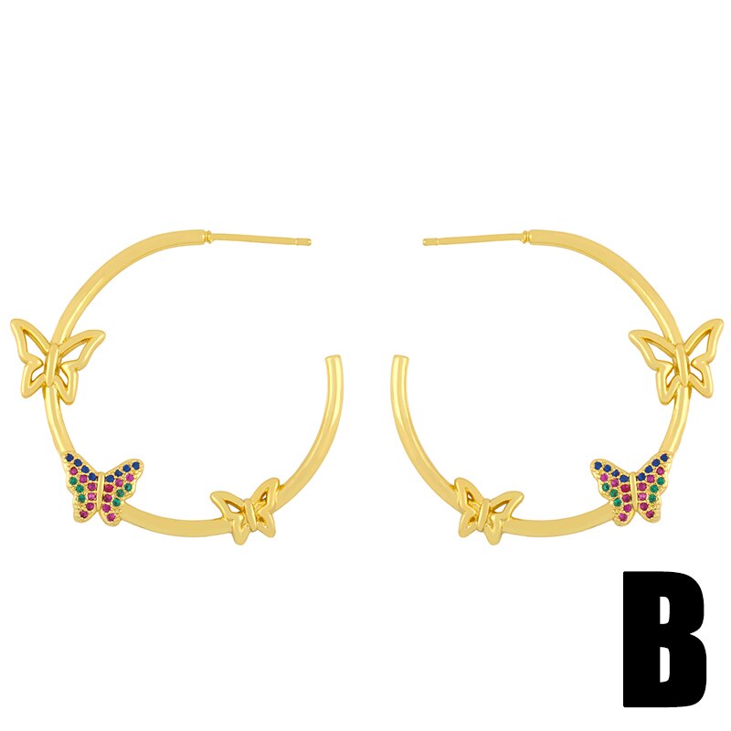 FLOLA Multicolor Butterfly Hoop Earrings For Women Enamel Big Hoop Earrings Crystal Cubic Zirconia Gold Filled Jewelry ersv26: B