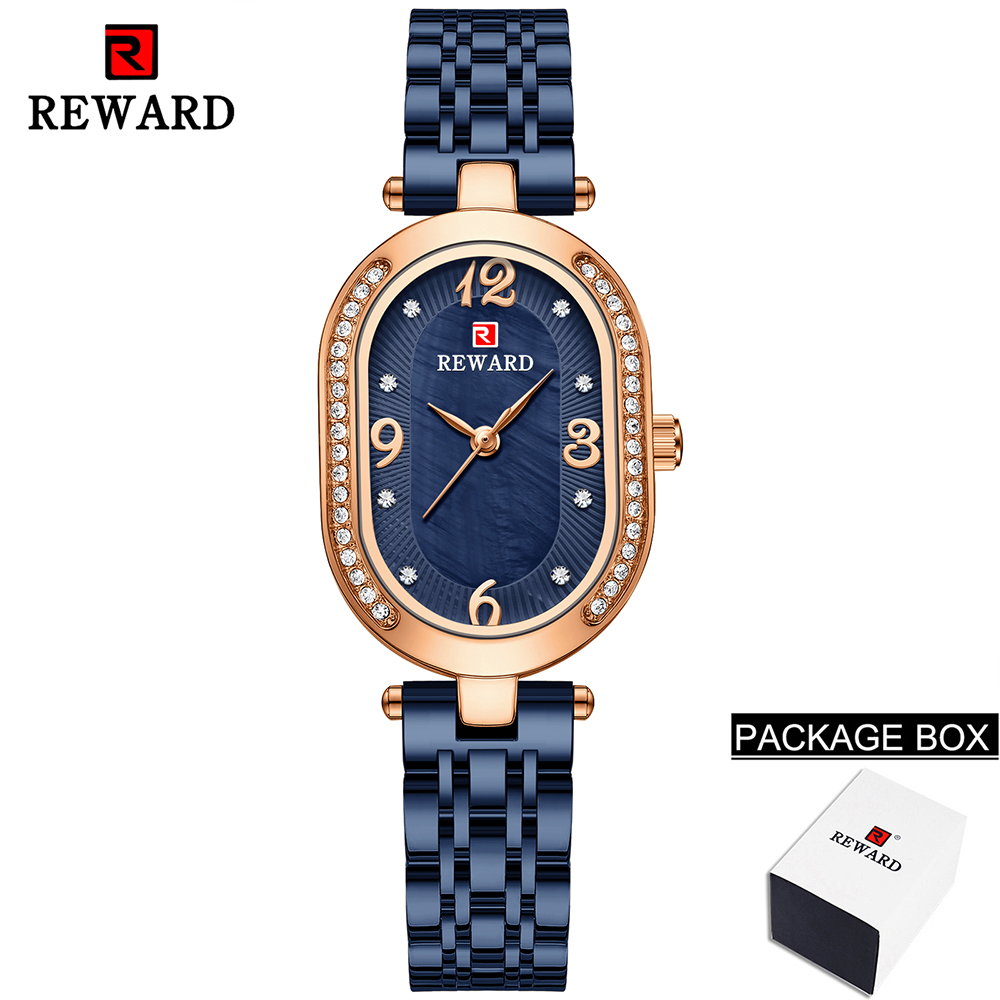 REWARD-Reloj de pulsera de oro rosa para mujer, relojes de cuarzo ultrafinos de lujo a la , correa de acero inoxidable, para mujer y Niña: Rose gold blue box