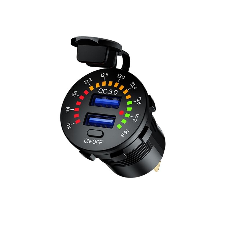 Cargador USB tipo C para coche, dispositivo de carga rápida con voltímetro LED, interruptor de encendido y apagado, 12V, QC3.0: A