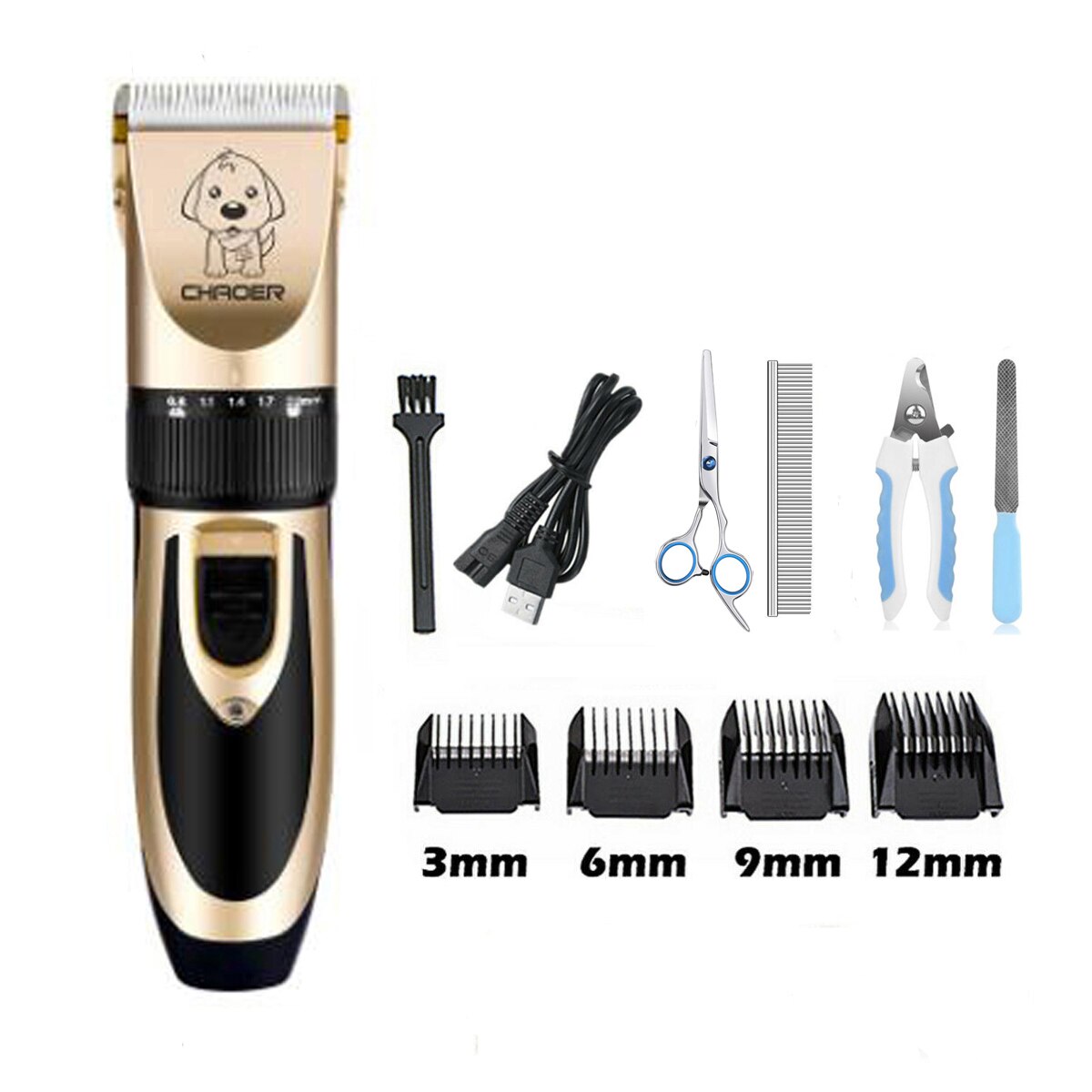 Cortadora de pelo eléctrica para perros y mascotas, cortaúñas para gato, máquina de afeitar, tijeras de aseo, recargable por USB, bajo ruido: Set Three