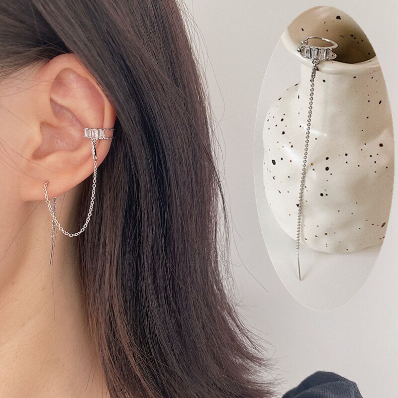 Huanzhi simpel guld metal asymmetri lang kvast ingen piercing øre manchet krystal krog klip øreringe til kvinder smykker: H