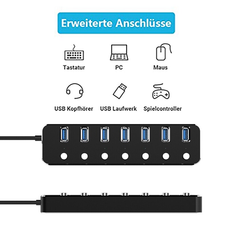 USB Hub 7 Ports USB 3.0 5Gbps Hub Splitter Extender with Independent Power Switch and LED for Laptop PC