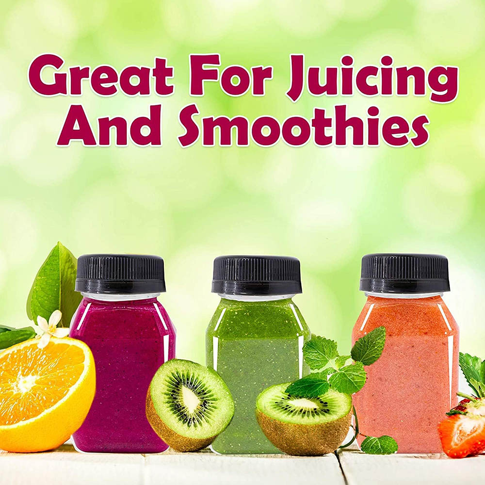 10 botellas de jugo de plástico de 4 OZ, recipientes reutilizables para bebidas a granel, viene con tapa negra, para jugo, leche y otras bebidas