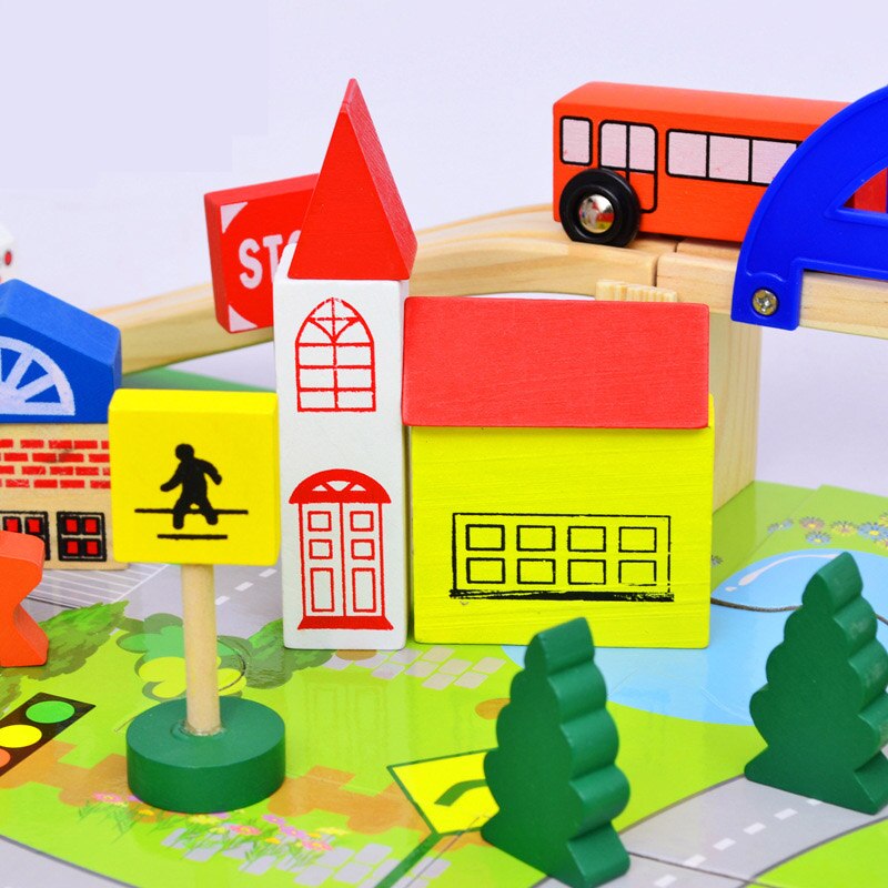40 pcs Urban Rail Transit Scene Combination Overpass Rail Car Children's Educational Track Disassembly Wooden Toy