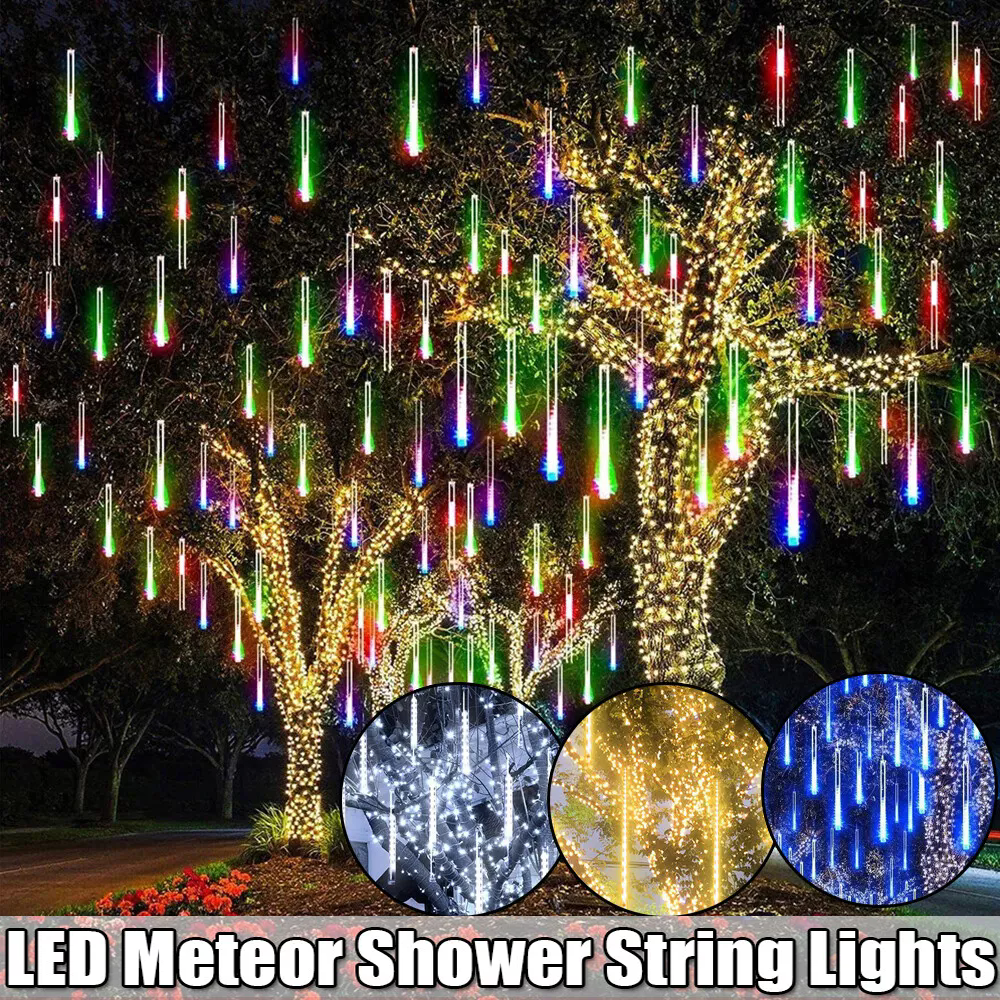Luces de lluvia de meteoritos, cadena de luz LED impermeable, cielo estrellado, calle, Navidad, patio, jardín, decoración colgante de árbol