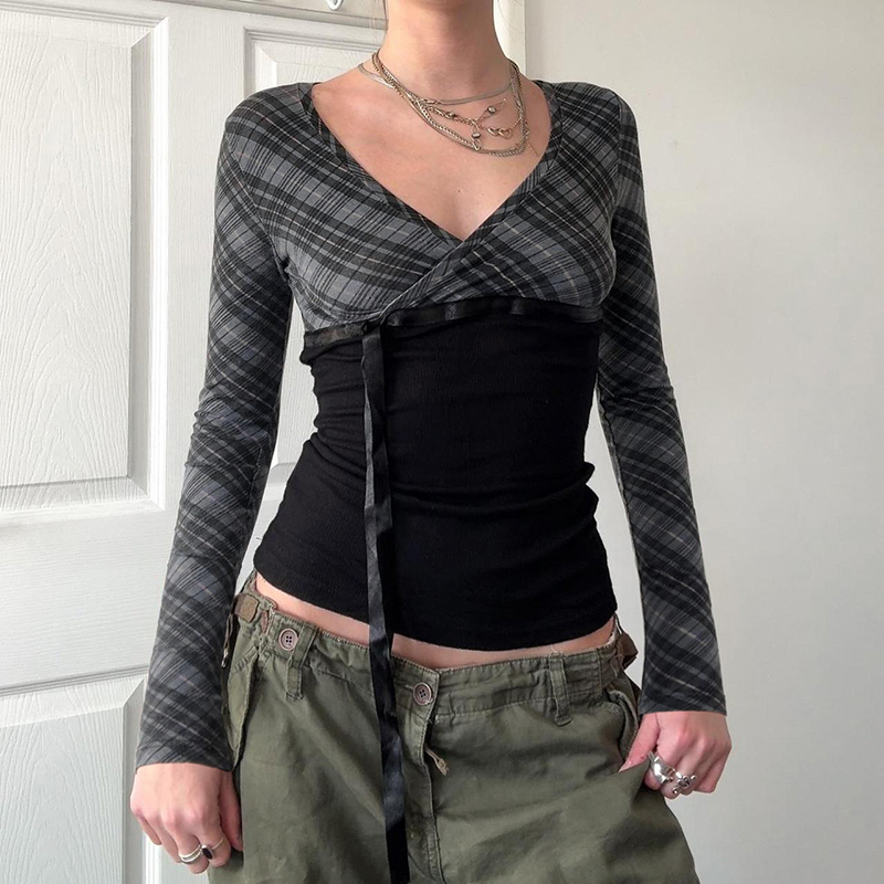 Iamhotty ternet patchwork-top i engelsk stil med v-hals og lange ærmer, koket æstetisk t-shirts med bindebånd og sløjfe i taljen