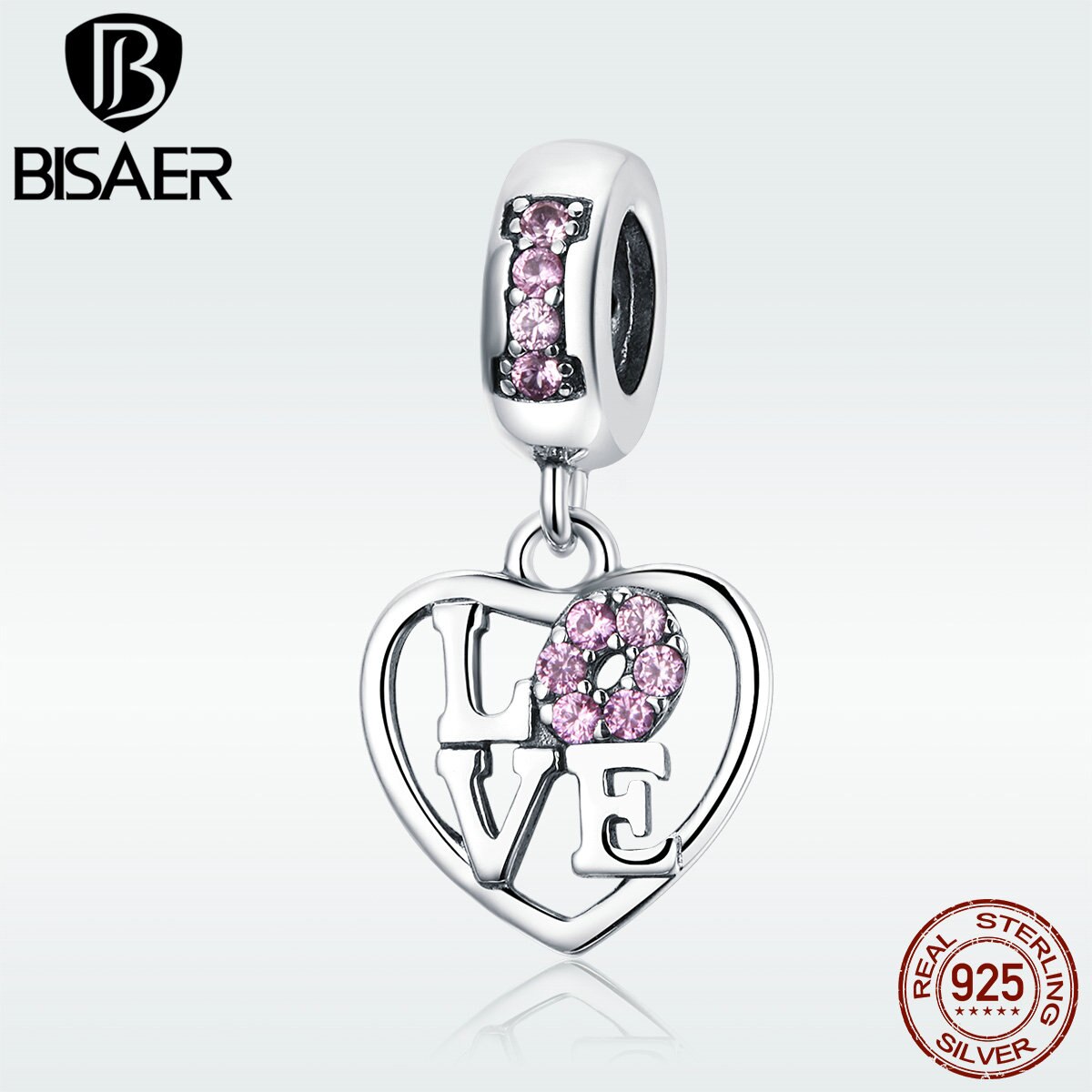 BISAER Valentines 925 Sterling Silver LOVE Heart Shape Pink Zircon Charms Beads fit Women Bracelets Jewelry Making ECC1044