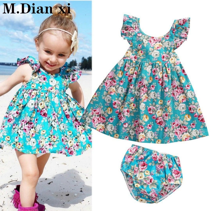 Lovely Summer Infant Baby Girl Ruffle Floral Dress Sundress Briefs Outfits Clothes Set Baby Christmas Dress