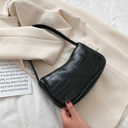 Soft PU Leather Crocodile Pattern Women Underarm Bag Vintage Casual Ladies Small Shoulder Bag Female Tote Purse Handbags: black