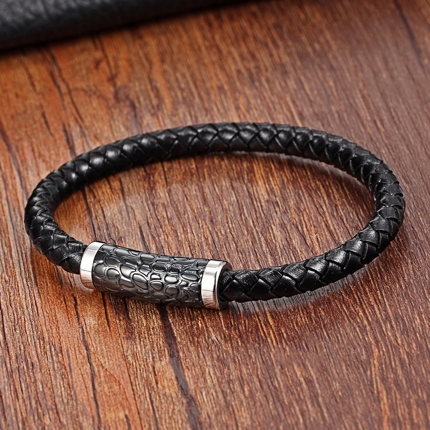 XQNI-pulsera de cuero genuino para hombre y mujer, brazalete de cuero con imán, pulsera de cuerda de acero inoxidable