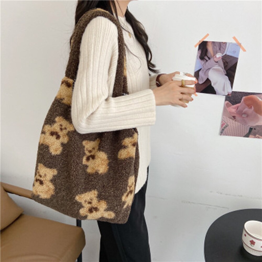Feminino cordeiro como tecido bolsa de ombro lona macio pele urso bolsas grande capacidade sacos de compras macios meninas bonito saco de escola