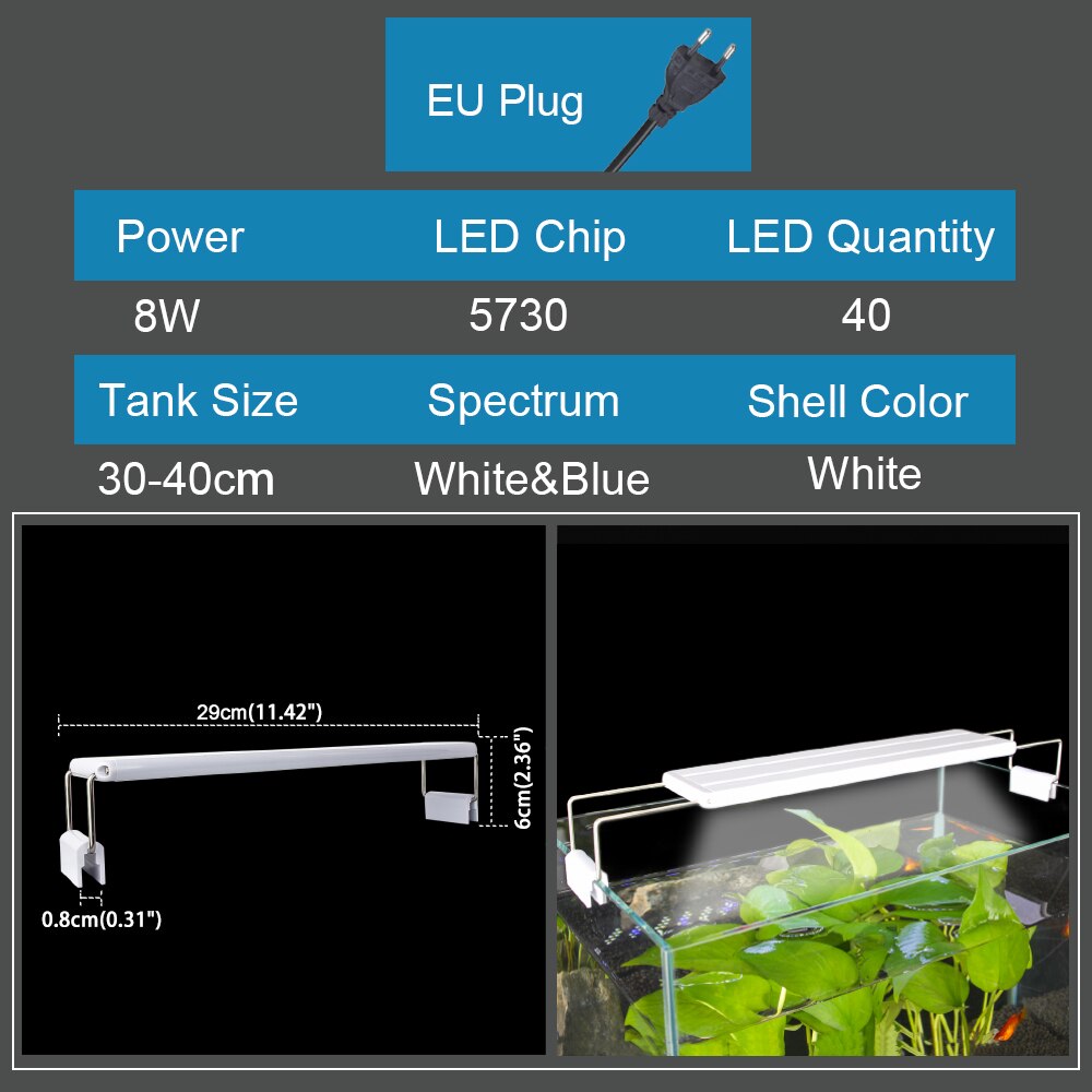 Akvarium led lys utvidbart slankt, dimbart clip-on akvarie lys 5w/6w/8w/10w/11w/13w/16w/20w fisketank led lampe belysning: 8w- eu -220v