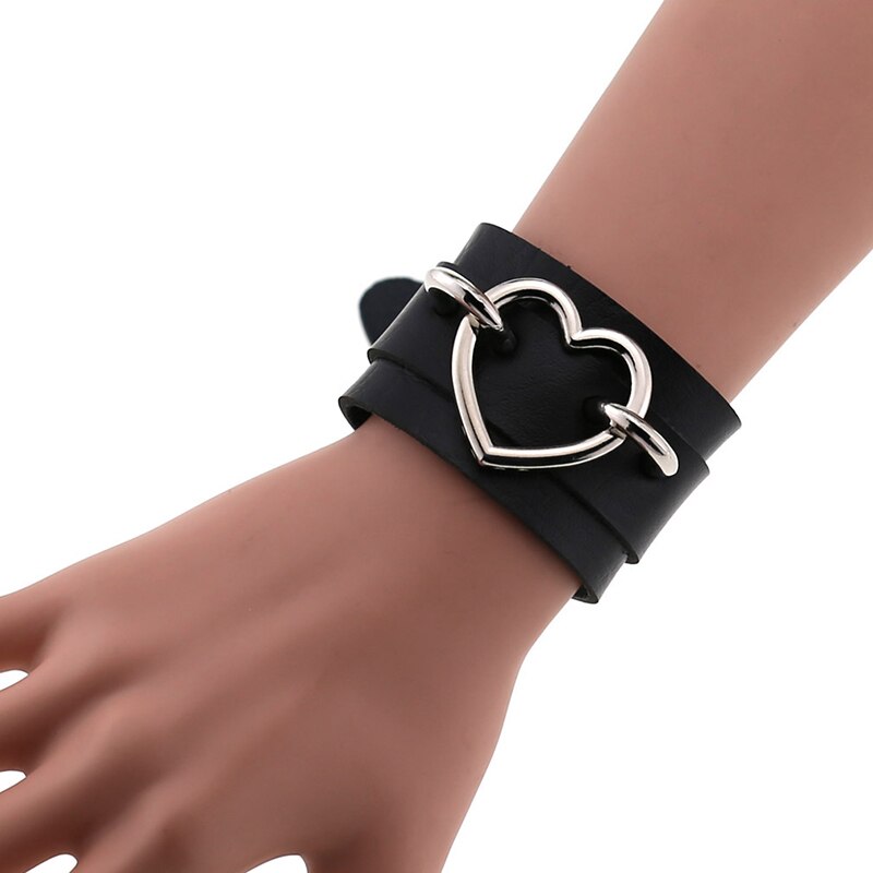 Punk Heart Bracelet Black Leather Wristband Cuff Goth Armbands Bracelets Women Men Metal Jewelry