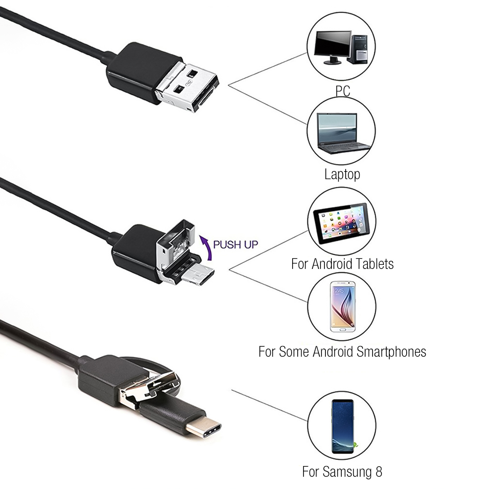 Endoscope IP67 étanche, 6 pièces, lumière LED réglable, USB Type C, caméra pour téléphone Android, 1m 2m 3.5m 5m 10m 7mm