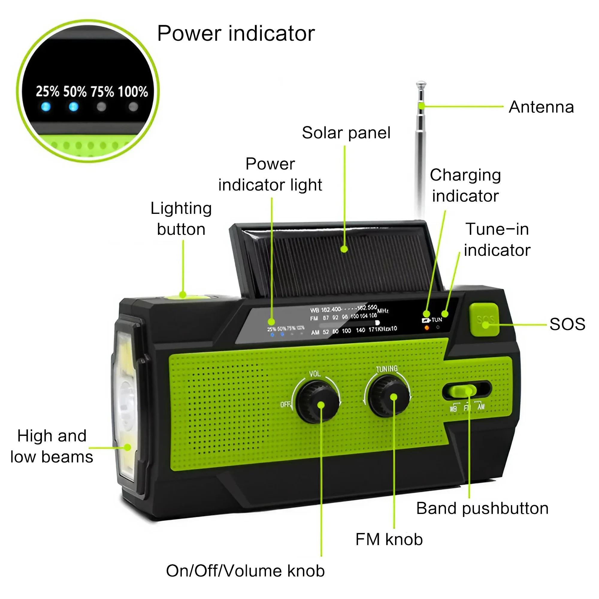 Rádio meteorológico de emergência multifuncional rádio fm am wb manivela solar carregamento usb 2000mah power bank lanterna led tocha