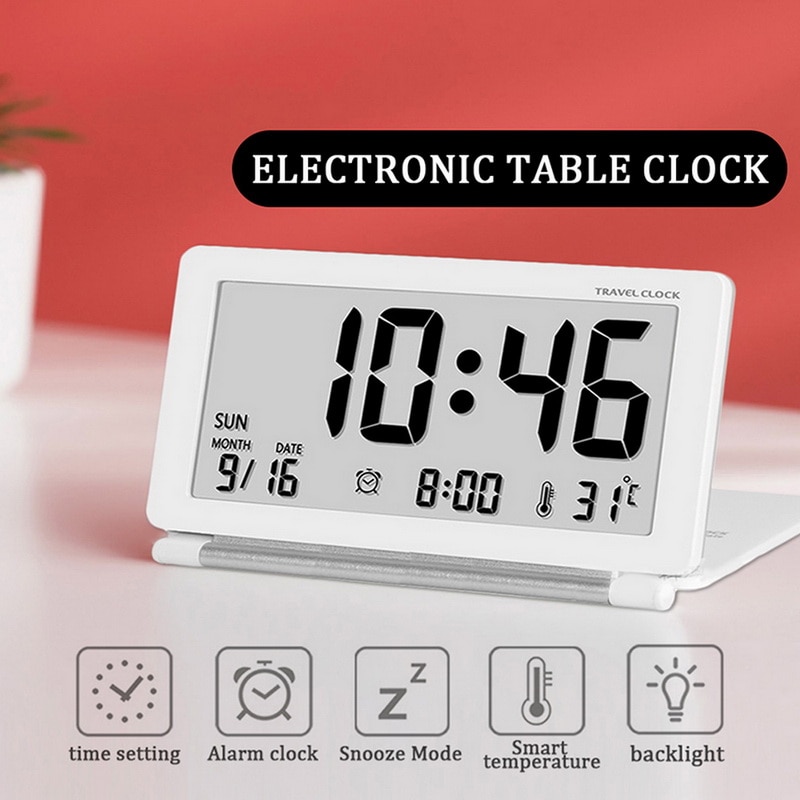 Electronic Alarm Clock Travel Clock Multifunction Silent LCD Digital Large Screen Folding Table Clock Temperature Date Time