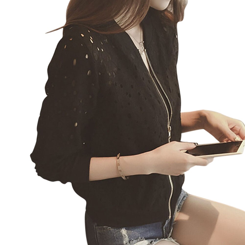 Women Bomber Jacket Long Sleeve Lace Sunscreen Shirt Short Summer Thin Coat Casual Baseball Coat: Black / L