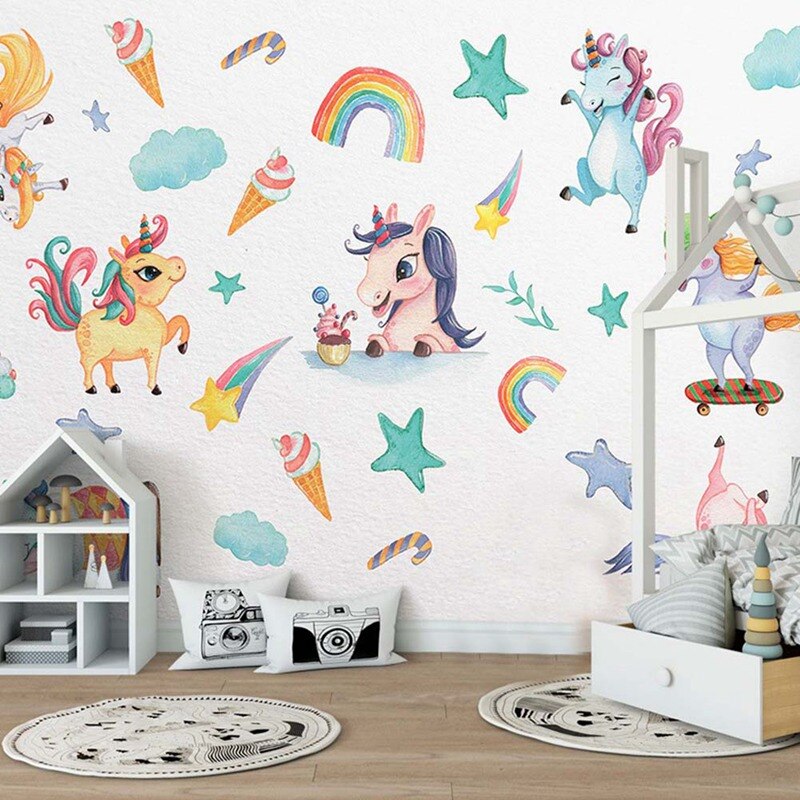Girls Room Decor Cute Rainbow Unicorn Wall Stickers DIY Vinyl Home Wall Decals Kids Living Room Bedroom Cartoon Horse Wallpaper