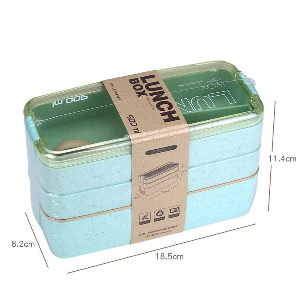 900ml 3 Layers Bento Box Eco-Friendly Lunch Box Food Container Wheat Straw Material Microwavable Dinnerware Lunchbox: 	Green