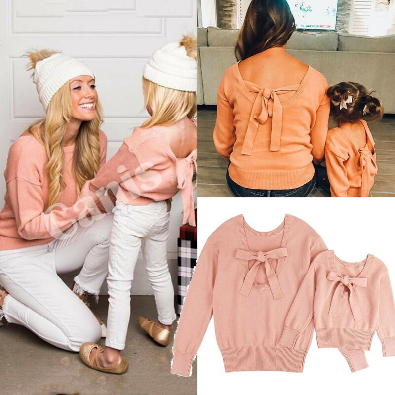 Maman et moi famille correspondant chandails vêtements mère fille rose solide nœud papillon pull pull pull hauts