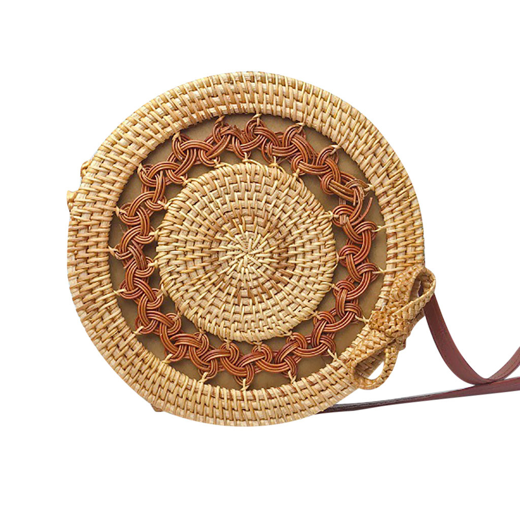 Vintage Handmade Women Rattan Bag Straw Woven Shoulder Bags Women Summer Rattan Bag Handmade Woven Beach Circle Woving Bag: D