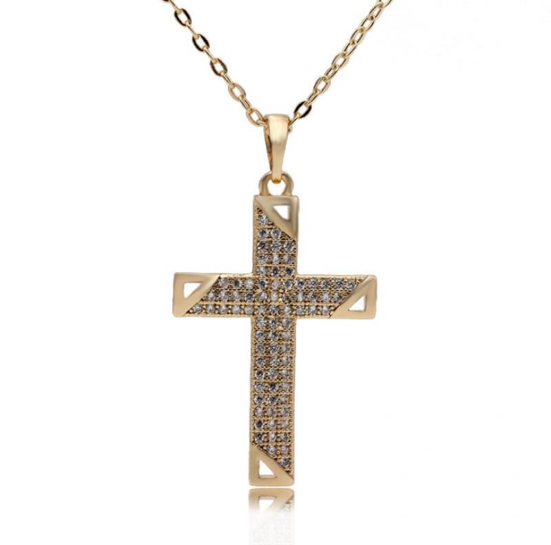 Colgante de lujo con cruz grande para mujer y hombre, colgante de boda de circonia cúbica 5A con Collar, joyería: A12270-Gold