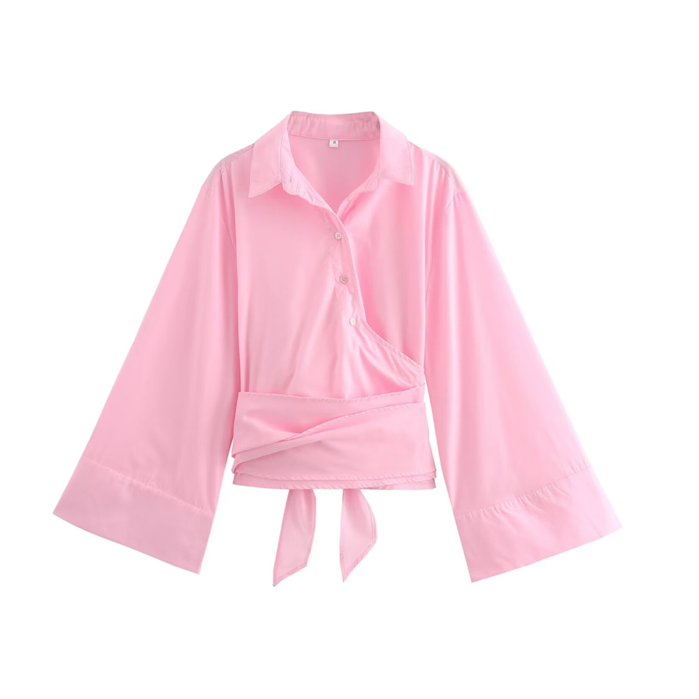 TRZA-Women's Long Sleeve Kimono Blouses With Bow Tie, Front Button, Female Shirts, Chic Tops,: XS / Pink