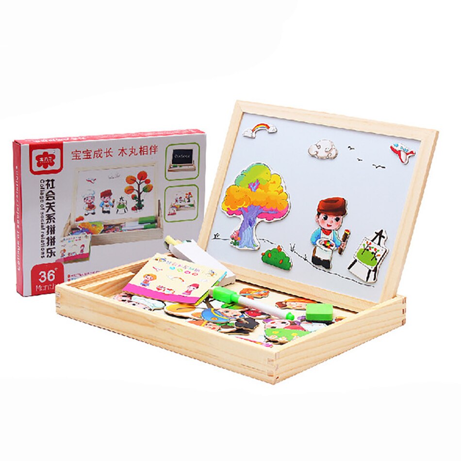 Wood Learning Educational Puzzle Toys Wooden Magnetic 3D Figure Animals Vehicle Circus Drawing Board Toy For Children Kid: Color 15