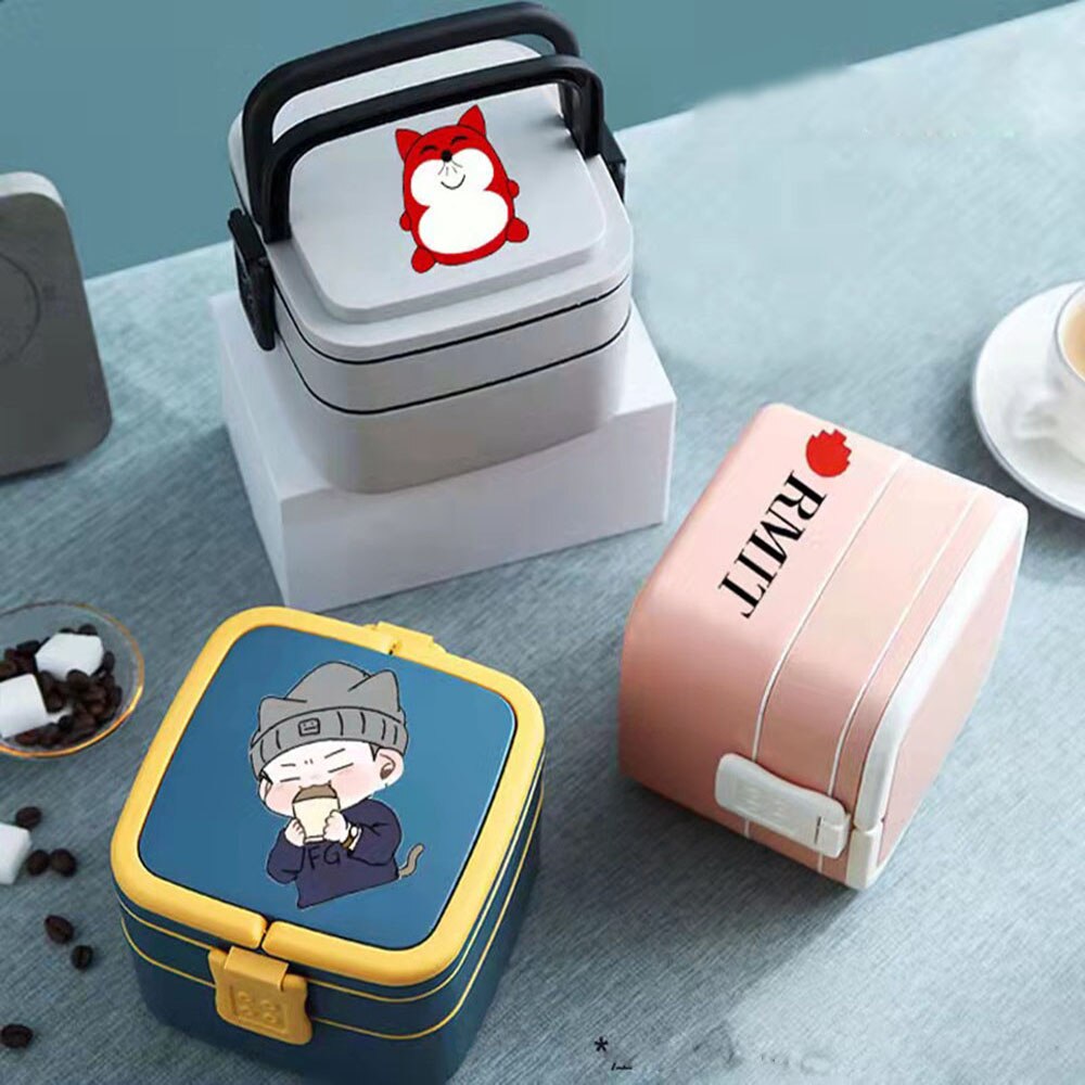 Microwave Lunch Box Wheat Straw Dinnerware Food Storage Container For School Office Worker 2layers Portable Bento Box With Bag: Custom pattern