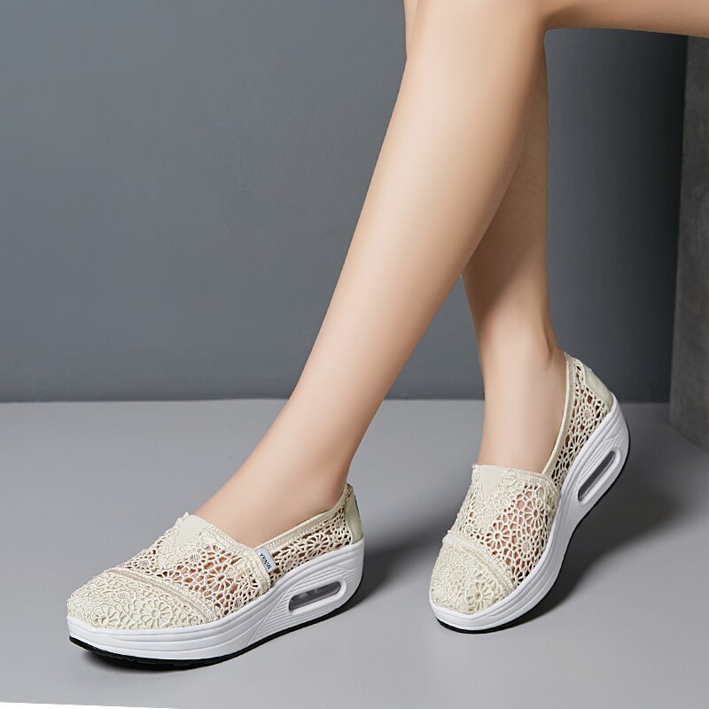 Summer Hollow Out Women's Fitness Shoes Platforms Slip On Breathable Mesh Cushioning Travel Walking Toning Shoes Wedges: Beige / 7.5